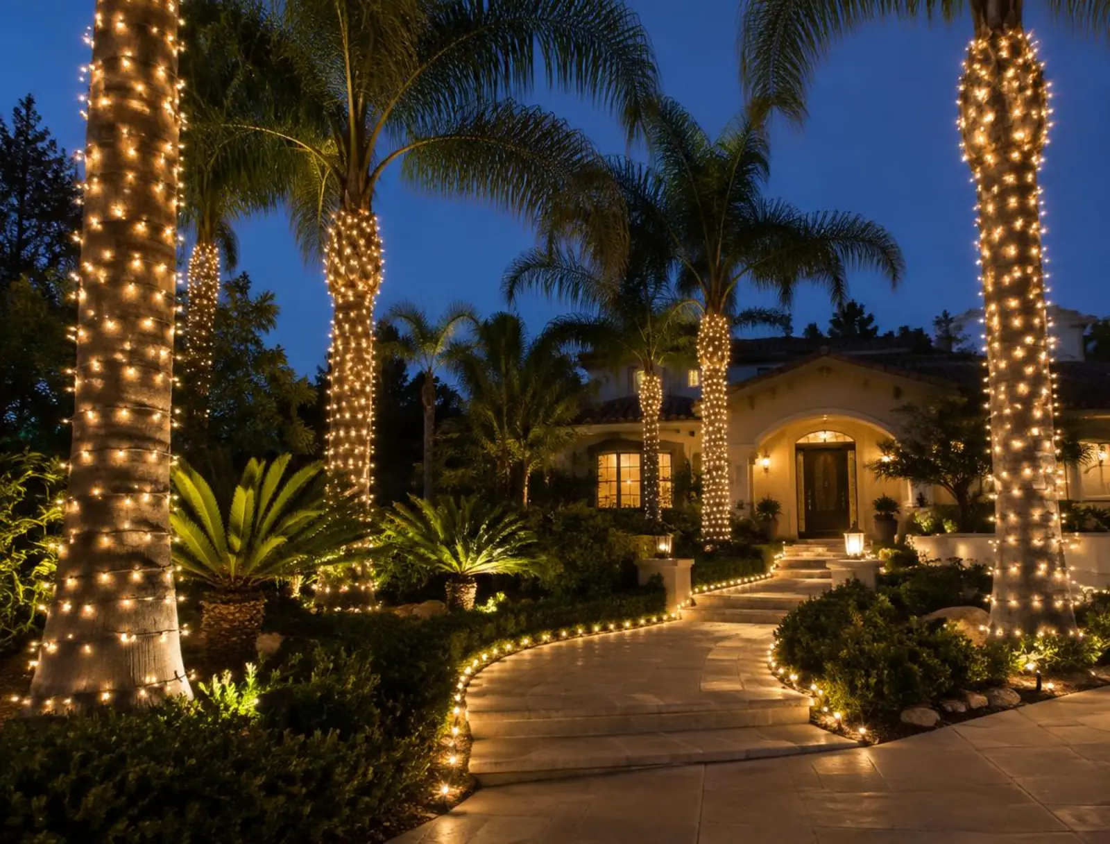 Wrapped palms and a lit walkway — common on larger Murrieta front yards. Design example.