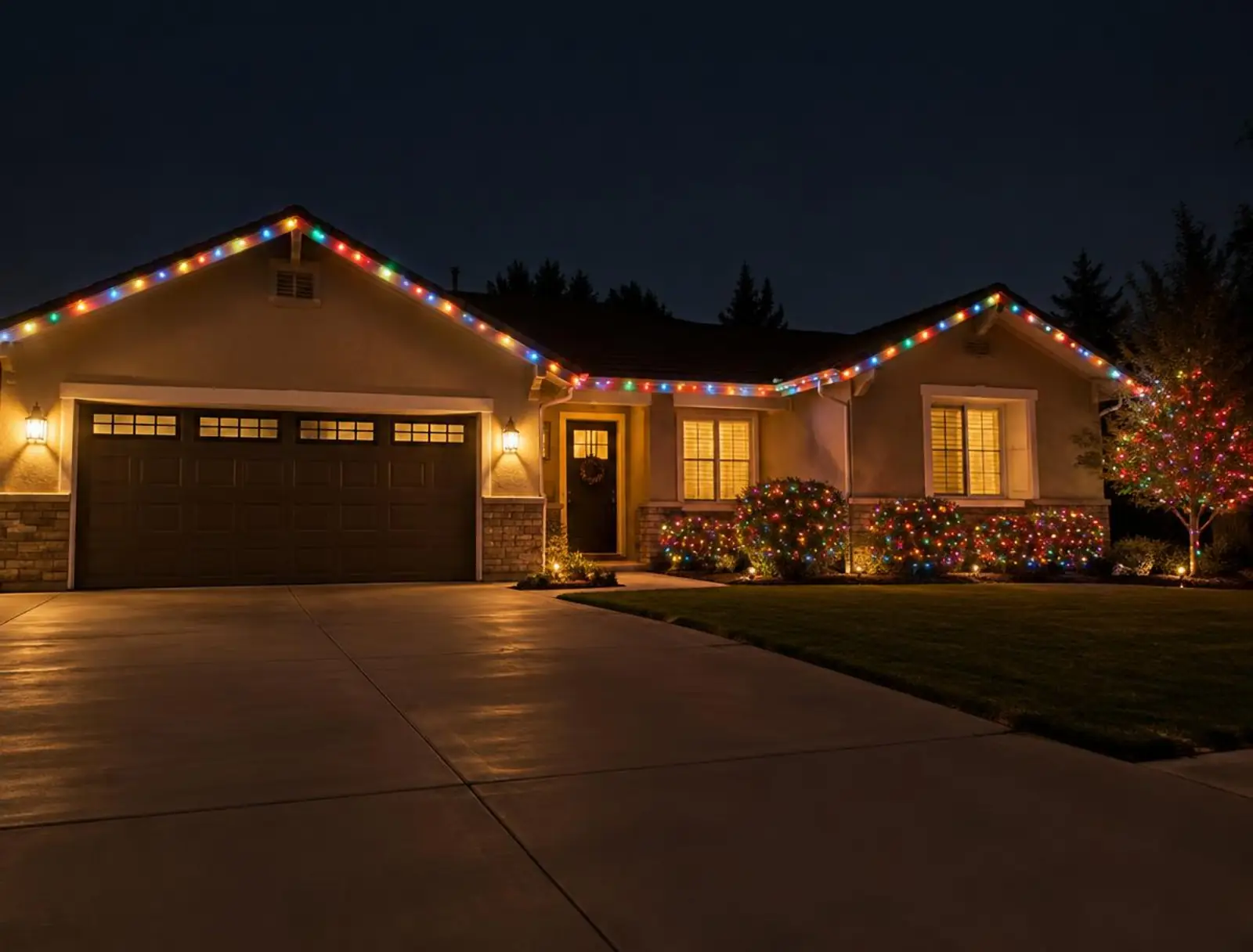Multicolor roofline with lit hedges, a popular single-story Murrieta look. Design example.