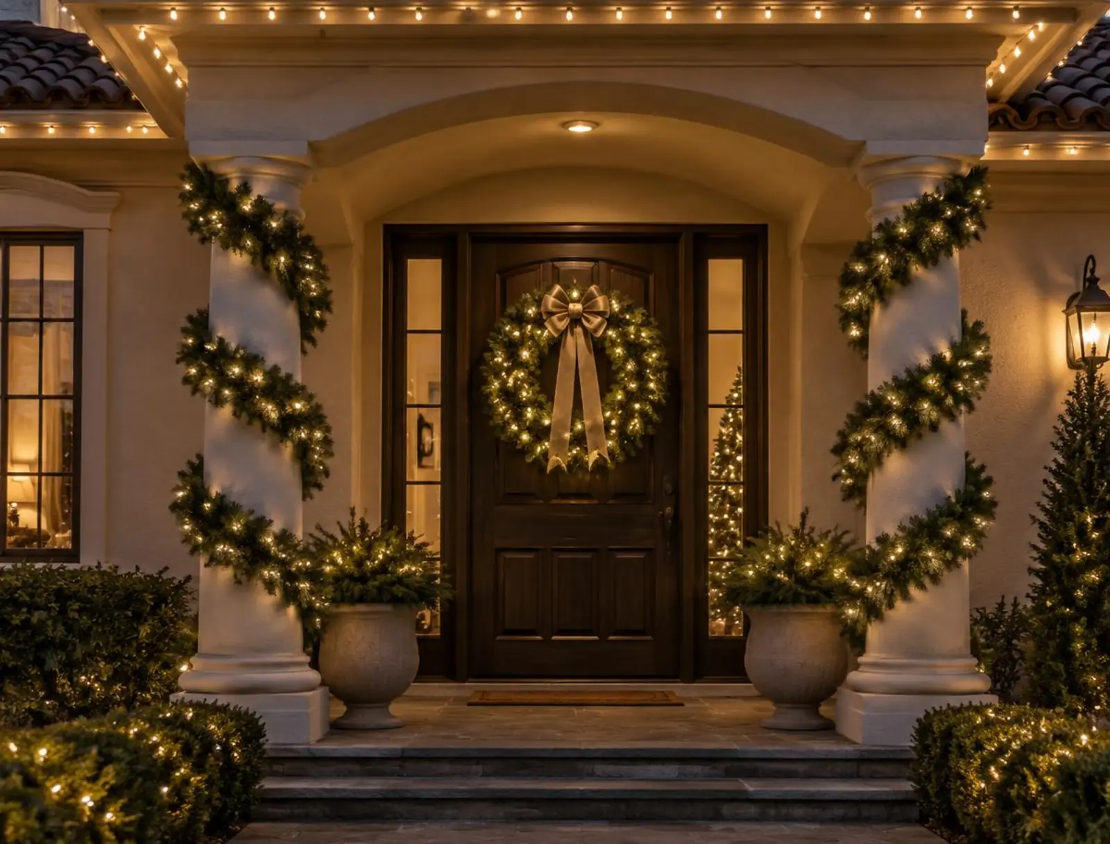 Lit wreath and wrapped columns at a recessed Murrieta entry. Design example.