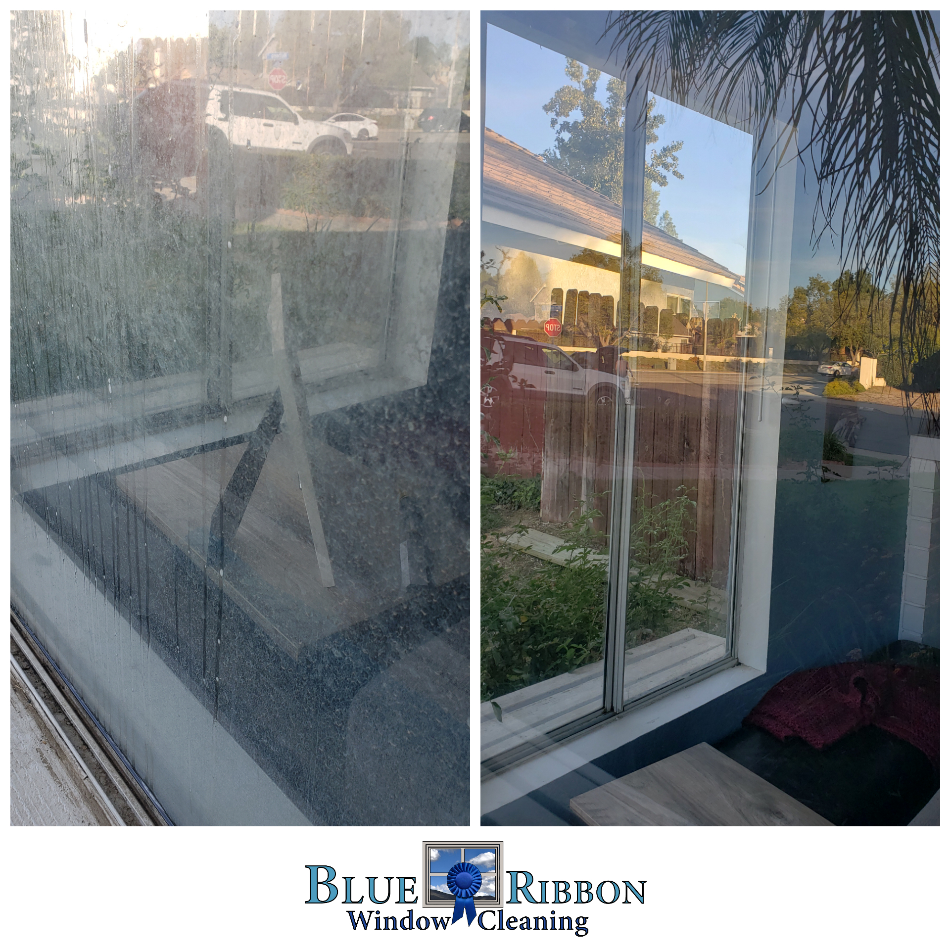 Before and after of hand-detailed exterior glass on a Temecula Valley home