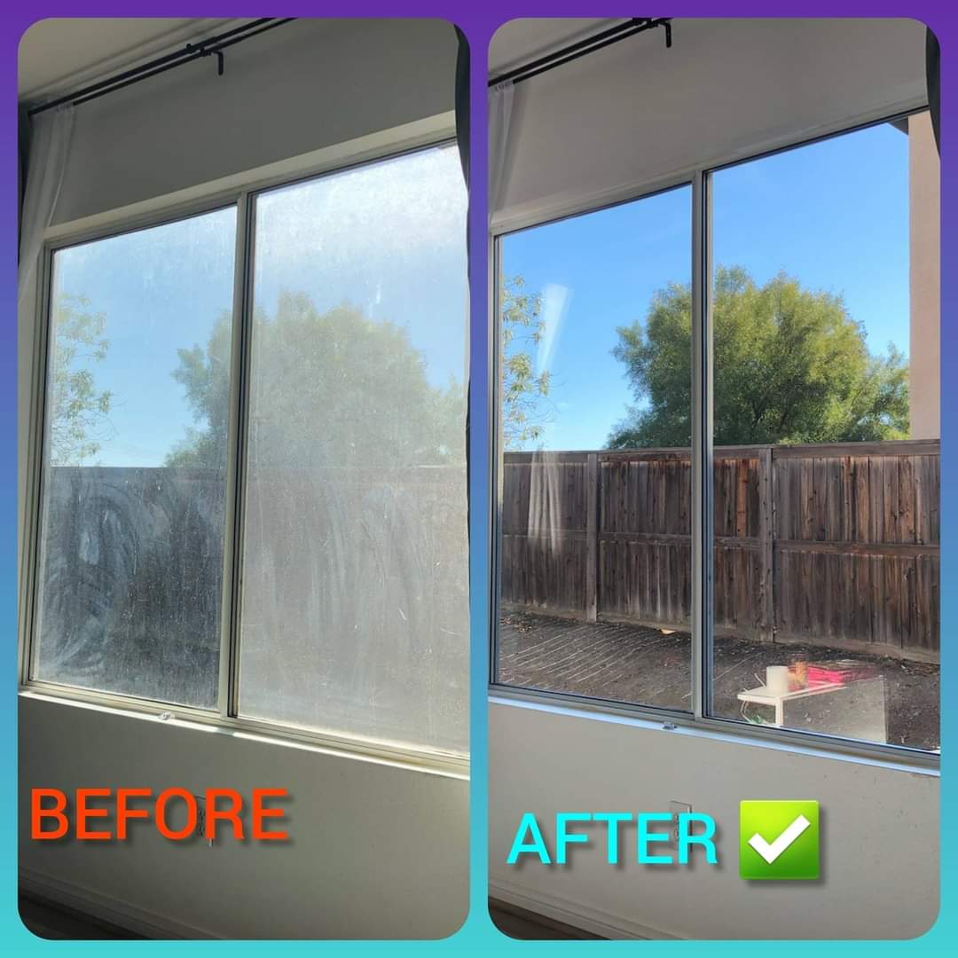 Before and after residential window cleaning result from a Blue Ribbon project
